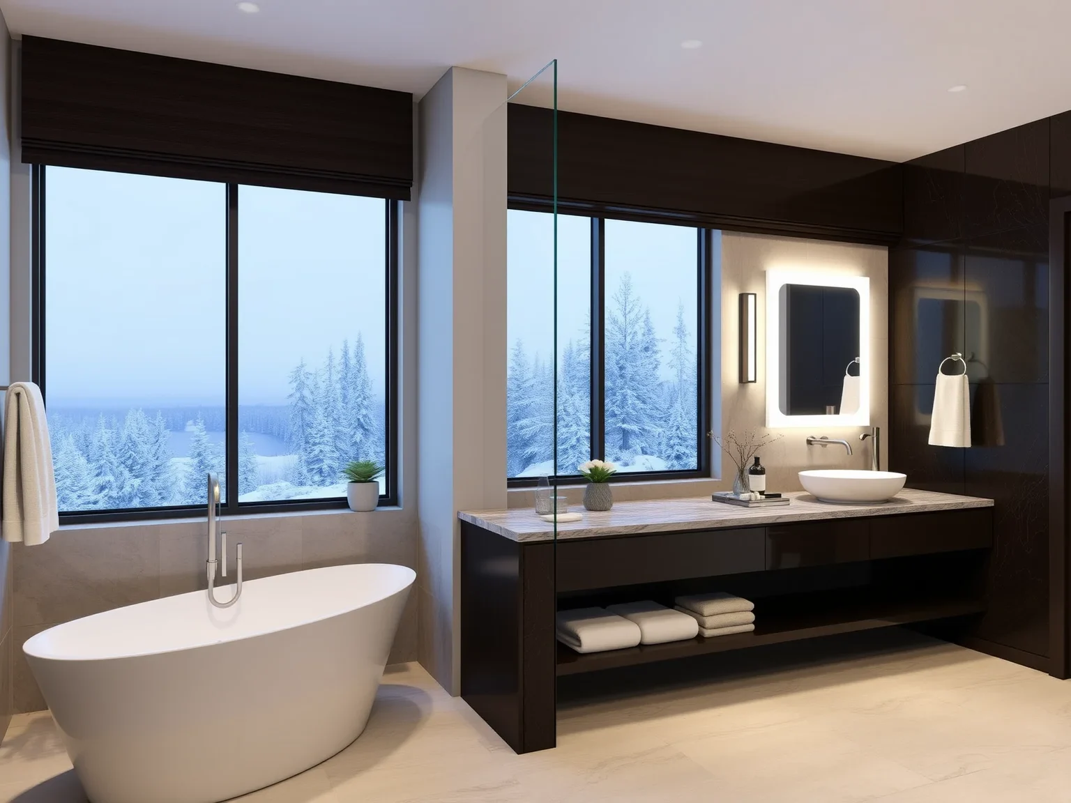 Renovated Fort Worth bathroom with modern fixtures, marble countertops, soaking tub, glass shower, and stylish lighting