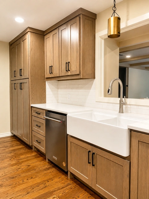 Kitchen after remodel — custom cabinets and farmhouse sink