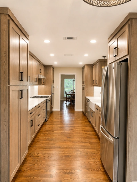 Galley kitchen after remodel with custom cabinets and new flooring