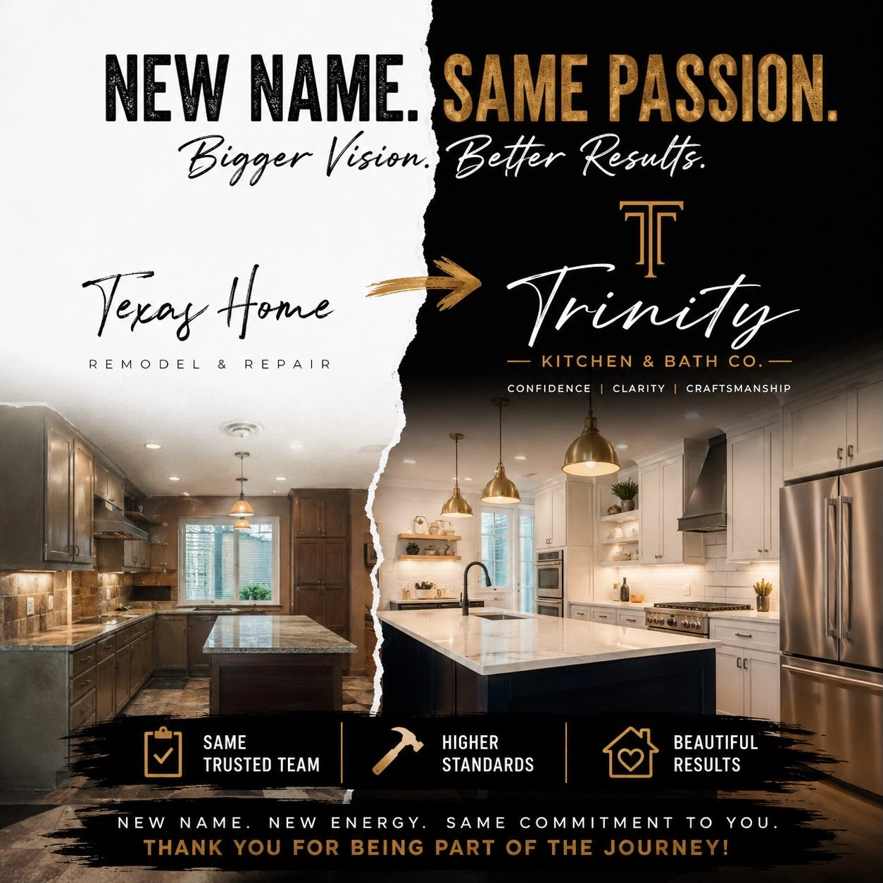 Trinity Kitchen & Bath Co. — new name, same passion. Formerly Texas Home Remodel & Repair.
