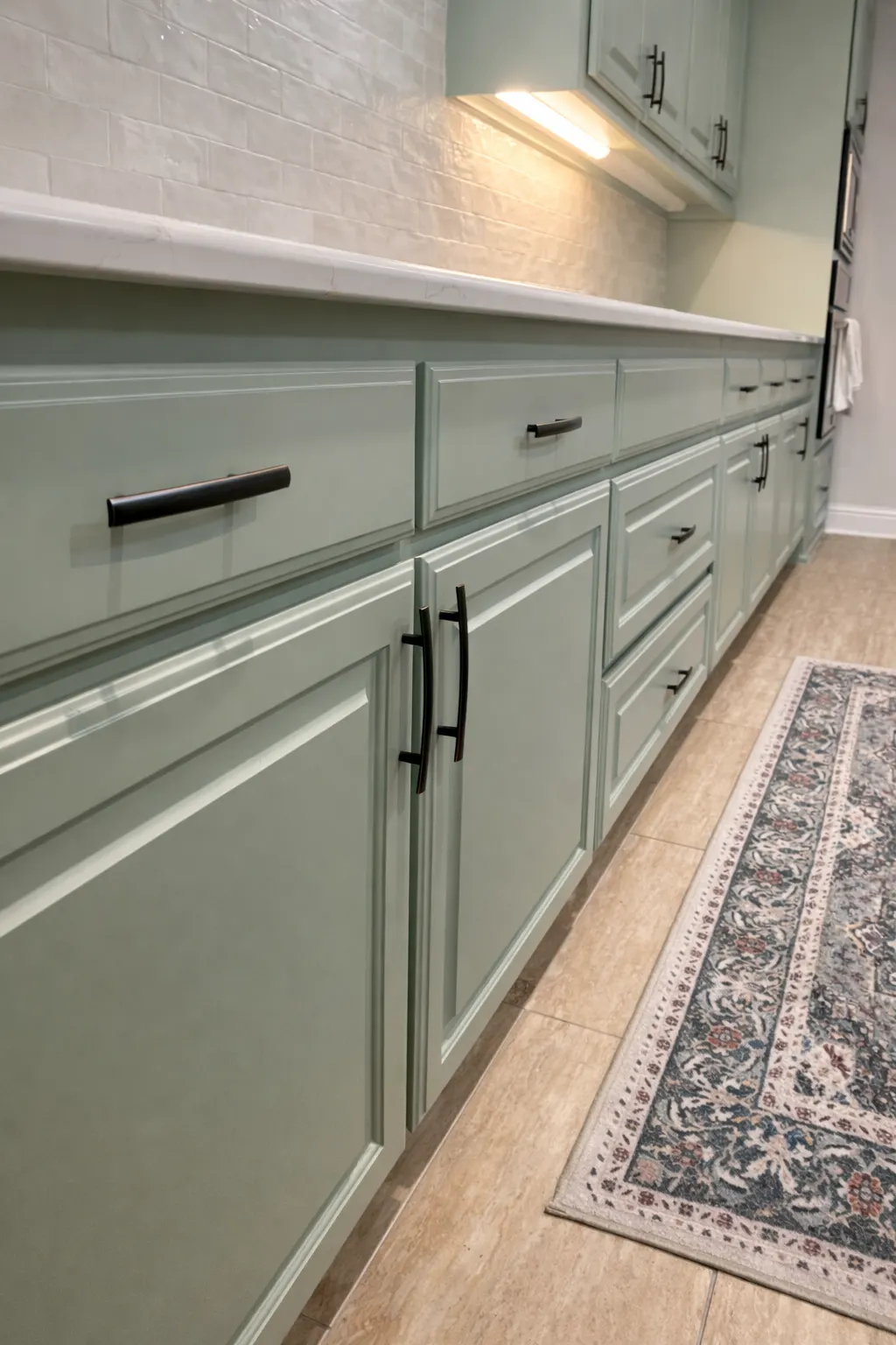 Sage green cabinet run with quartz countertops