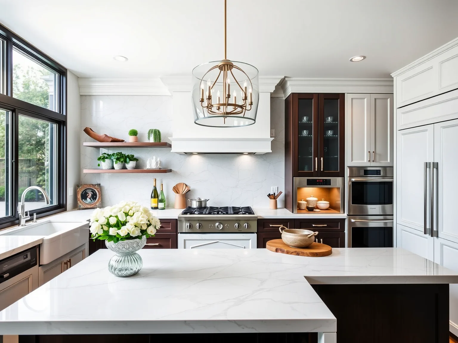 Bright white kitchen remodel with marble countertops
